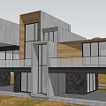 Modern Detached Villa Exterior Design With Gray Wooden Stone Facade And Large Windows