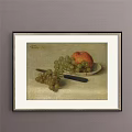 Botanical Painting With Basket Of Various Colored Roses Framed Dark Background Gold Border