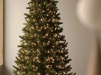 Tall Green Pine Tree Decorated With String Lights In Indoor Space 3d model