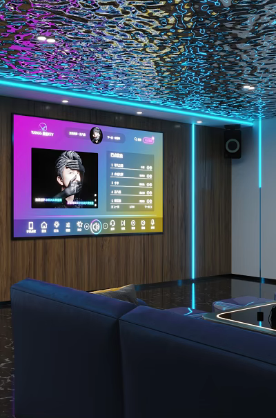 KTV Room Interior With Wooden Walls Colorful Ceiling Lighting Large Screen And Comfortable Sofa 3d model