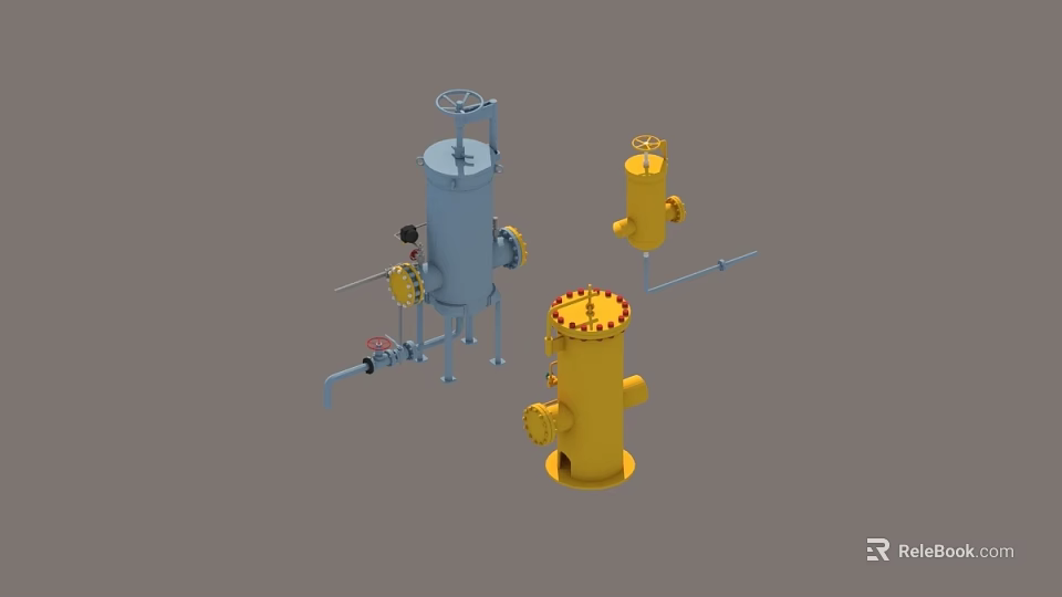 Industrial Plant Equipment With Blue Yellow Vertical Vessels Pipes And Valves 3d model 