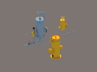 Industrial Plant Equipment With Blue Yellow Vertical Vessels Pipes And Valves 3d model