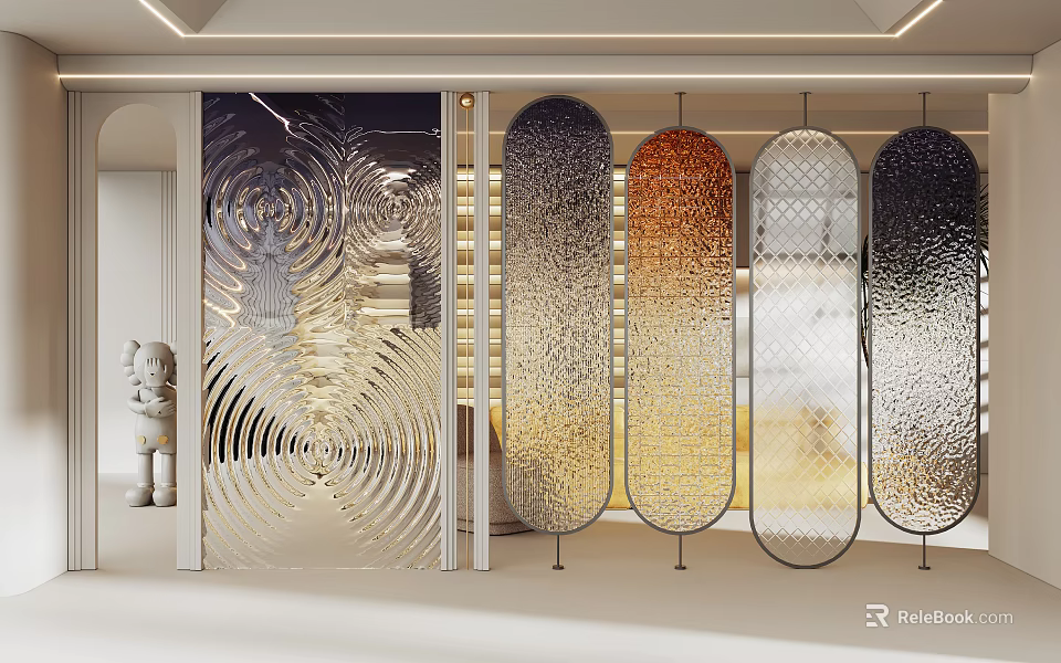 Modern Glass Room Divider With Gradient Color Wave Texture And Metal Frames 3d model