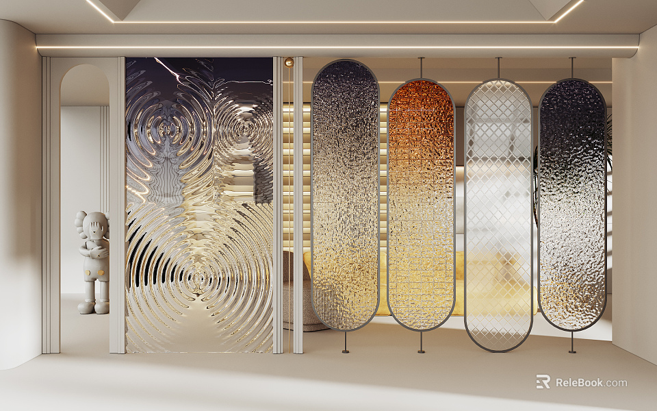 Modern Glass Room Divider With Gradient Color Wave Texture And Metal Frames 3d model 