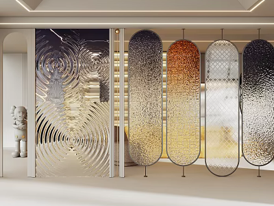Modern Glass Room Divider With Gradient Color Wave Texture And Metal Frames 3d model