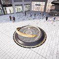 Golden Circular Sculpture In Urban Plaza With Modern Buildings And Pedestrians