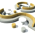 Modern Curved Sofa and Coffee Table Set with Yellow and Gray Upholstery and Round Tables