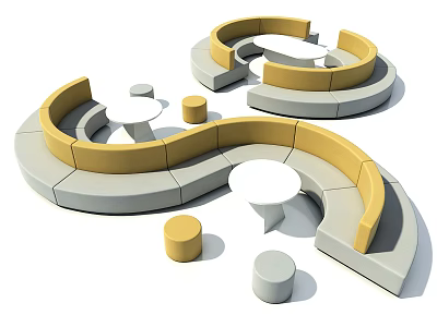 Modern Curved Sofa and Coffee Table Set with Yellow and Gray Upholstery and Round Tables 3d model