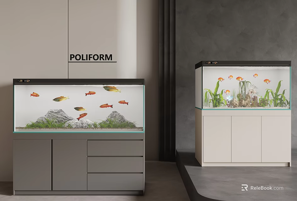 Modern Aquariums Setup With Fish Plants And Cabinets 3d model