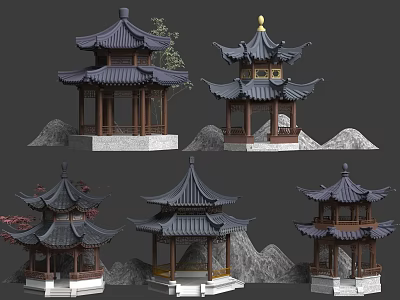 Chinese Traditional Pavilions Featuring Classical Architecture Design Stone Rock Background And Ornate Roof Styles 3d model