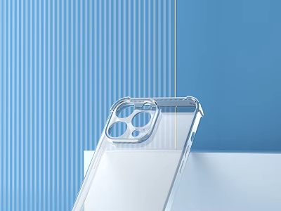 Transparent Phone Case With Camera Cutouts On White Platform Blue Striped Background 3d model