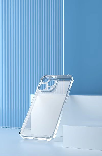 Transparent Phone Case With Camera Cutouts On White Platform Blue Striped Background 3d model