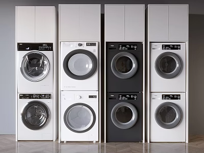Four White And Black Front Loading Washing Machines Displayed Side By Side 3d model