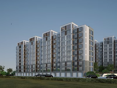 Modern Residential Building Exterior With Glass Facade Balconies Green Lawn And Parking Area 3d model