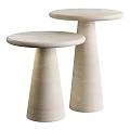 Elegant Two Round Top Side Tables With Tapered Creamy Stone Bases