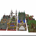 Vibrant Cartoon Scenery Featuring Various Buildings Rocket Spires Green Plants And Decorative Designs