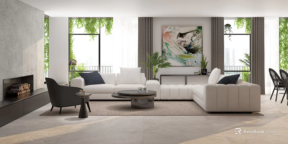 Modern Living Room Interior With White Sofa Green Plants Coffee Table And Artwork 3d model 