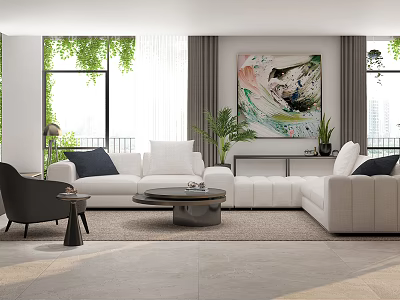 Modern Living Room Interior With White Sofa Green Plants Coffee Table And Artwork 3d model