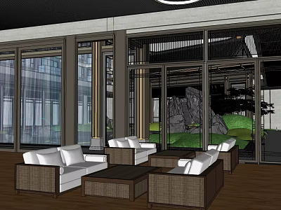 Modern Luxury Sales Office Lounge With Sofas Floor to Ceiling Windows Rockery and Greenery 3d model