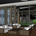 Modern Luxury Sales Office Lounge With Sofas Floor to Ceiling Windows Rockery and Greenery