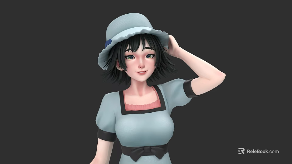 Woman Wearing Light Blue Hat And Blue Dress With Black Bow And Short Black Hair 3d model 