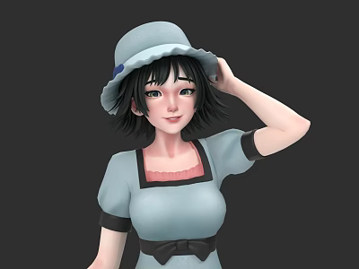 Woman Wearing Light Blue Hat And Blue Dress With Black Bow And Short Black Hair 3d model