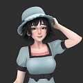 Woman Wearing Light Blue Hat And Blue Dress With Black Bow And Short Black Hair
