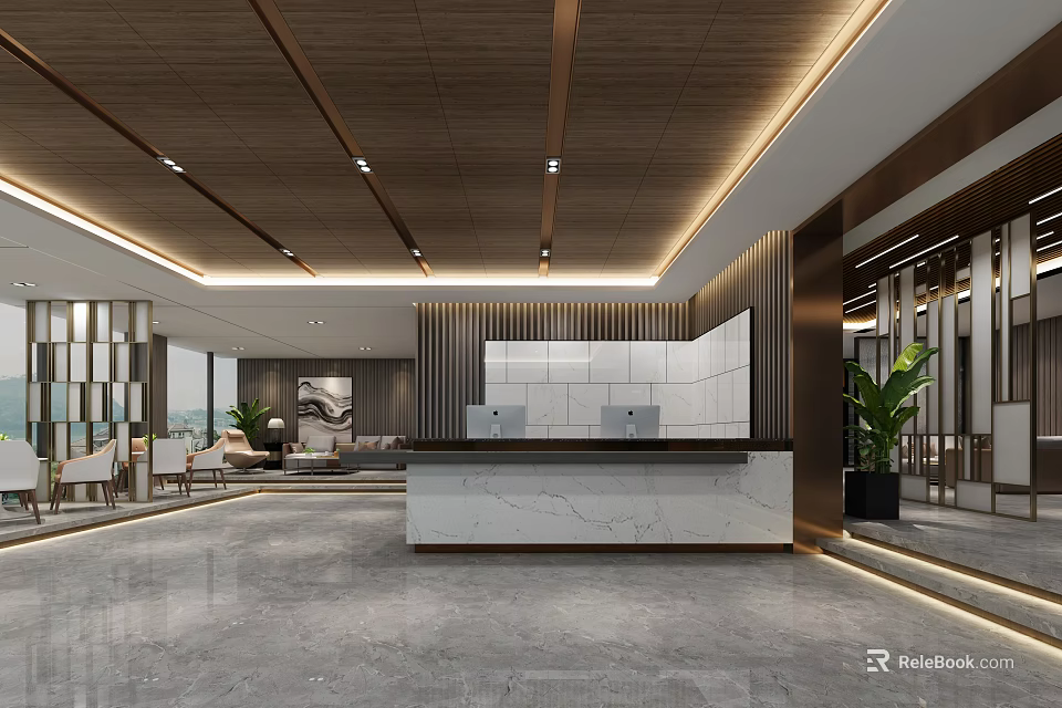 Modern Front Desk Reception Interior Design With Marble Counter Wooden Ceiling And Green Plants 3d model 