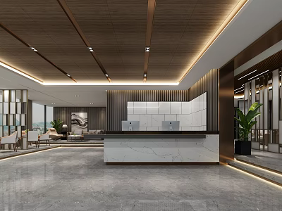 Modern Front Desk Reception Interior Design With Marble Counter Wooden Ceiling And Green Plants 3d model