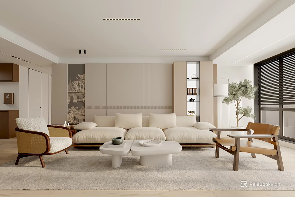 Elegant Modern Living Room Interior With Beige Sofa Coffee Tables And Accent Chairs 3d model 