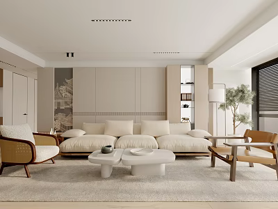 Elegant Modern Living Room Interior With Beige Sofa Coffee Tables And Accent Chairs 3d model