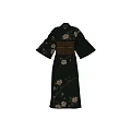 Traditional Dark Colored Kimono With White Floral Patterns And Brown Obi Belt