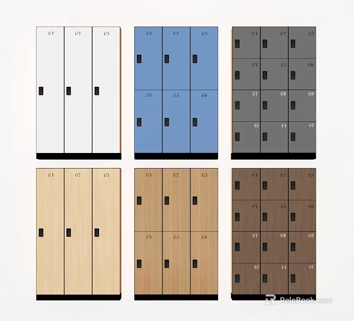 Various Colored Lockers With Numbered Doors In Different Materials And Styles 3d model 