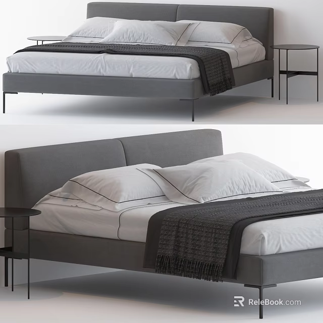 Modern Double Bed with Grey Headboard White Sheets and Black Side Table 3d model