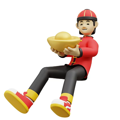 Game and Movie Character in Red Traditional Chinese Outfit Sitting Smiling Holding Golden Ingot 3d model