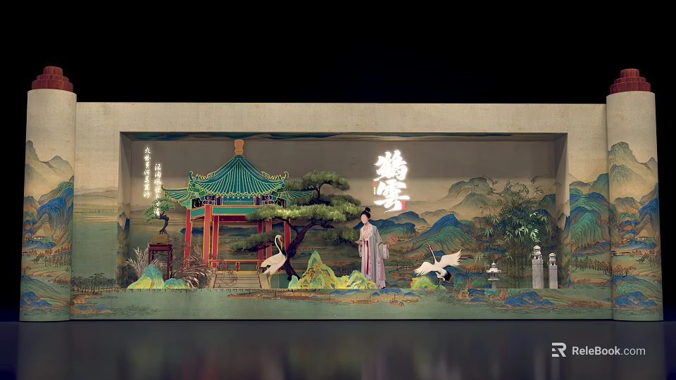 Chinese Style Photo Check In Spot With Traditional Pavilion And Ancient Figures 3d model 