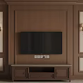 Paneled Dark Brown Wooden TV Wall Design With Wall Sconces And TV Stand