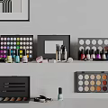 Colorful Perfume and Cosmetics Display with Eyeshadow Palettes Nail Polish Bottles and Makeup Brushes