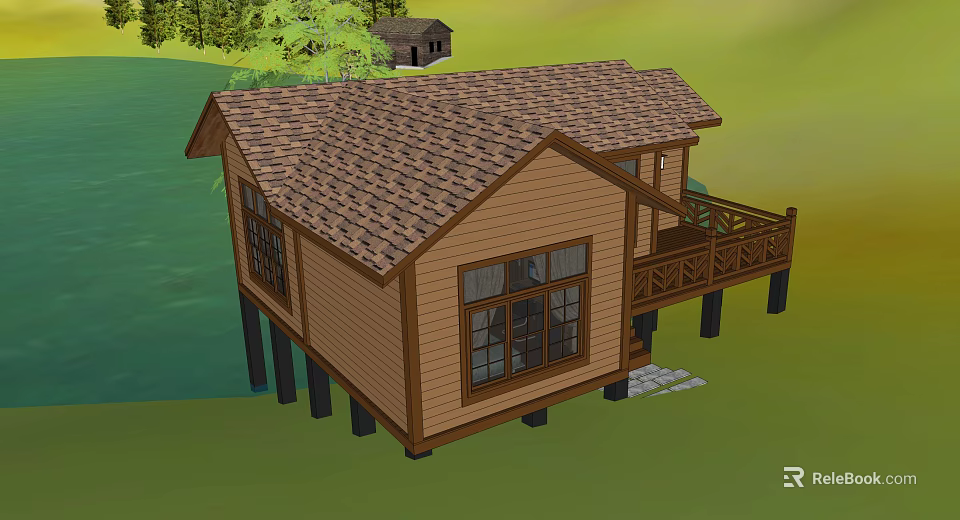 Rustic Stilted Vacation Home Featuring Brown Roof Windows and Balcony in Green Setting 3d model 