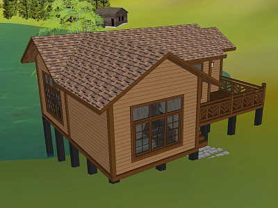 Rustic Stilted Vacation Home Featuring Brown Roof Windows and Balcony in Green Setting 3d model