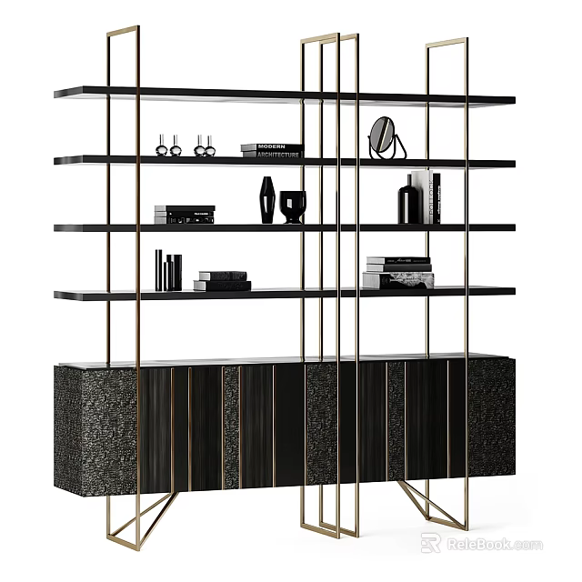 Elegant Modern Black Gold Metal Frame Open Shelf Unit With Books Vase And Decorative Items 3d model 