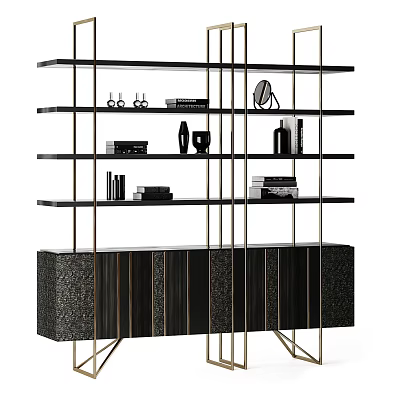 Elegant Modern Black Gold Metal Frame Open Shelf Unit With Books Vase And Decorative Items 3d model