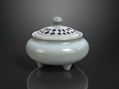 Decorative Ornament Ensemble Featuring Celadon Incense Burner With Lid Hollowed Patterns And Three Legs 3d model
