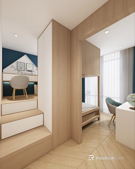 Kids Room Interior Design With Wooden Bunk Bed Staircase Desk And Blue Accent Wall 3d model 