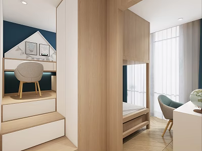 Kids Room Interior Design With Wooden Bunk Bed Staircase Desk And Blue Accent Wall 3d model