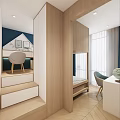 Kids Room Interior Design With Wooden Bunk Bed Staircase Desk And Blue Accent Wall