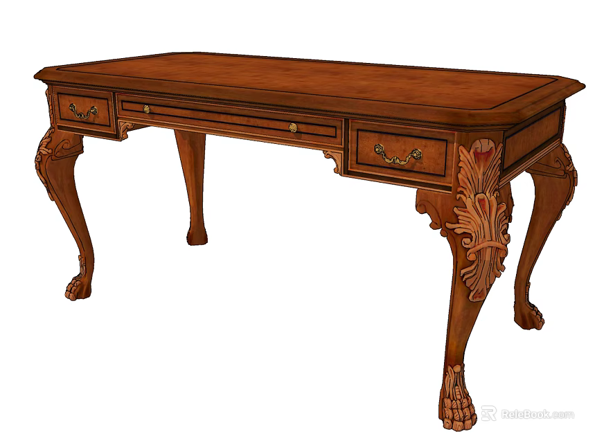 Classical Wooden Desk With Carved Legs And Drawers For Home Office 3d model 