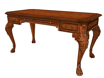 Classical Wooden Desk With Carved Legs And Drawers For Home Office 3d model