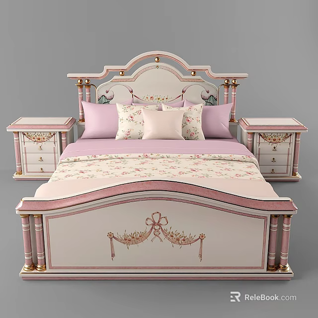 Delicate Pink And White Children's Bed With Decorative Headboard And Bedside Tables 3d model 