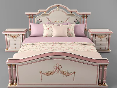 Delicate Pink And White Children's Bed With Decorative Headboard And Bedside Tables 3d model